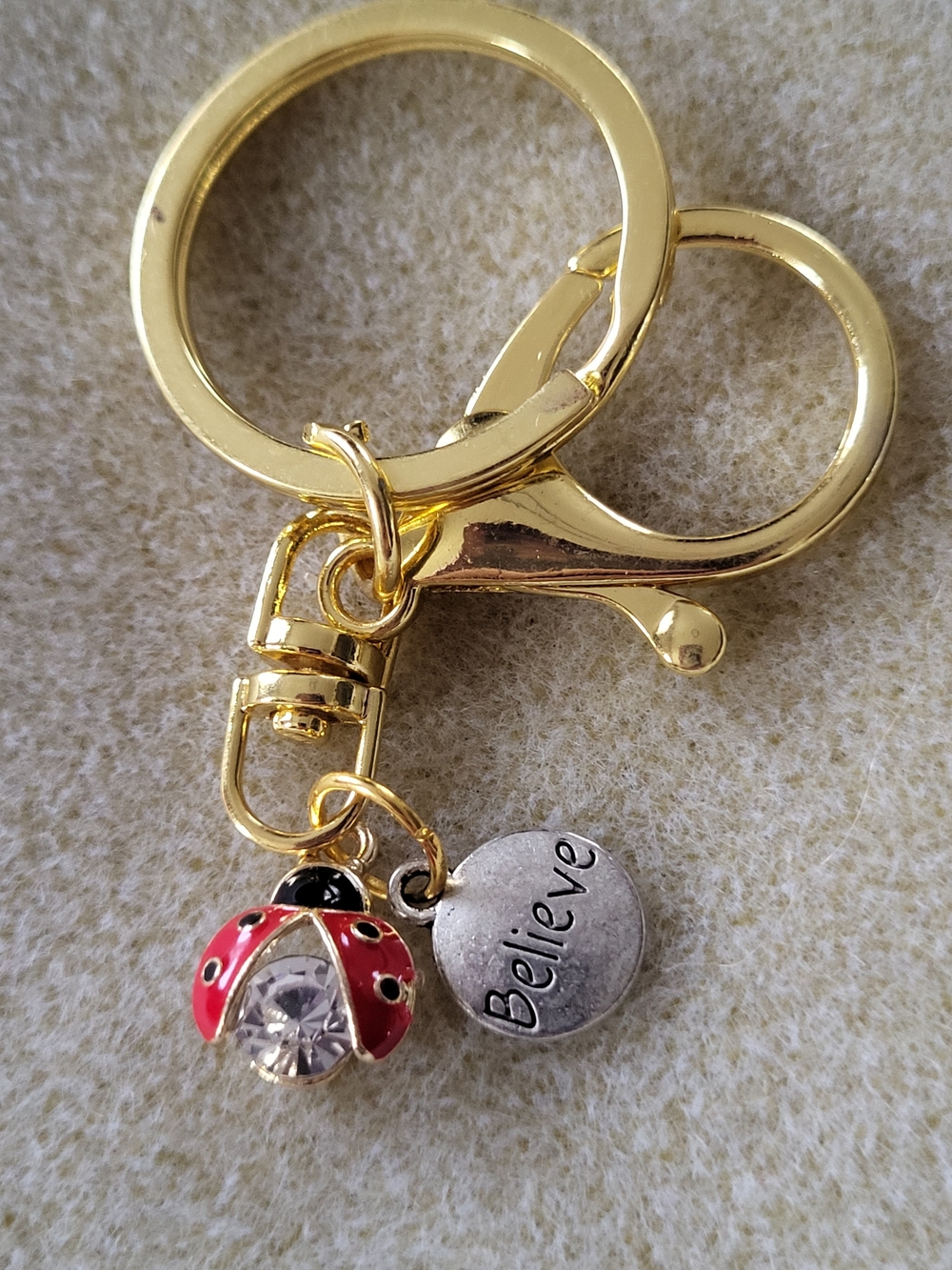 Gold Toned Keyring with Red Ladybug Charm and 'Believe' Pendant
